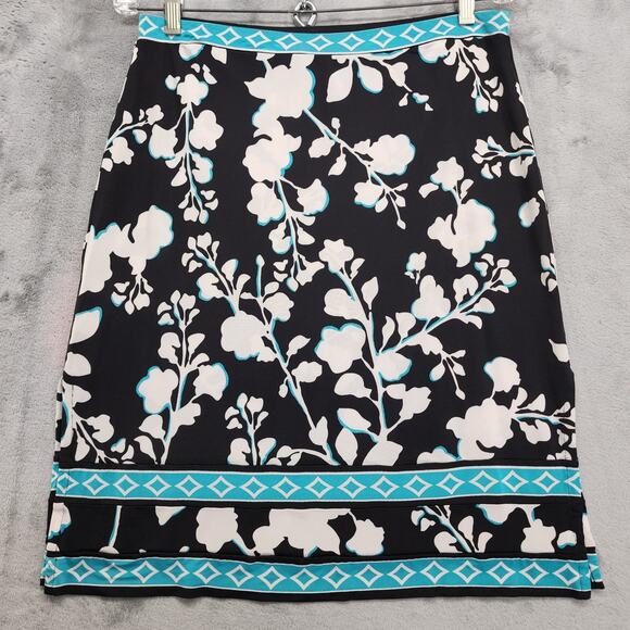 BCBGMAXAZRIA Skirt Womens S Black White Blue Floral Stretch Rayon Casual Pencil - Picture 1 of 11